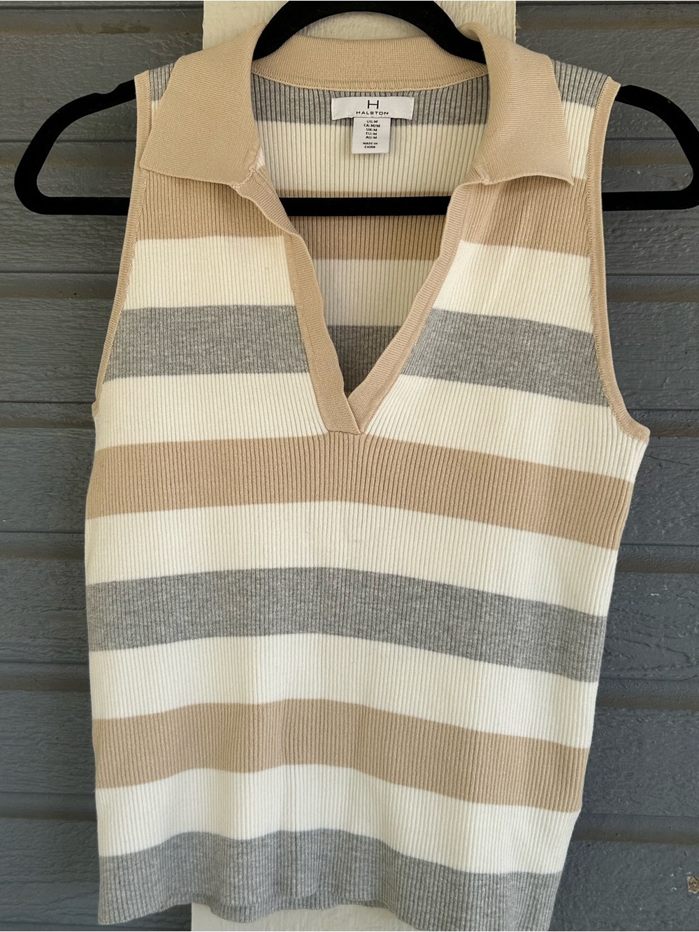Halston Heritage Sleeveless Polo Tank in Cream, Tan & Gray Stripes